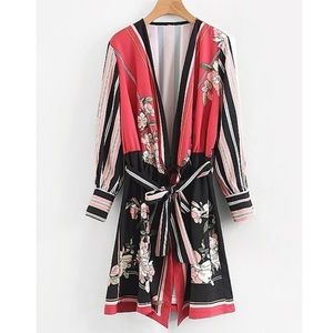 Floral kimono self tie red black